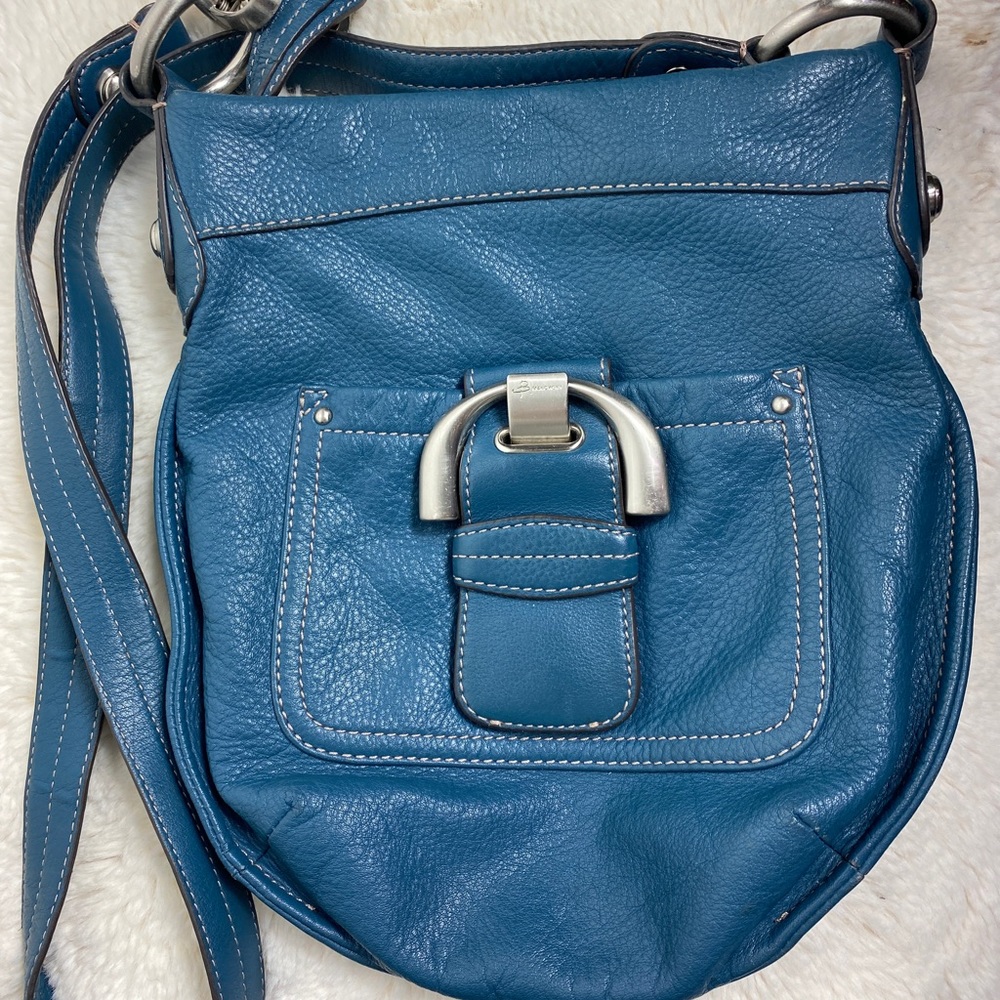 B Makowsky Blue Pebbled Leather Silver Hardware Crossbody Handbag